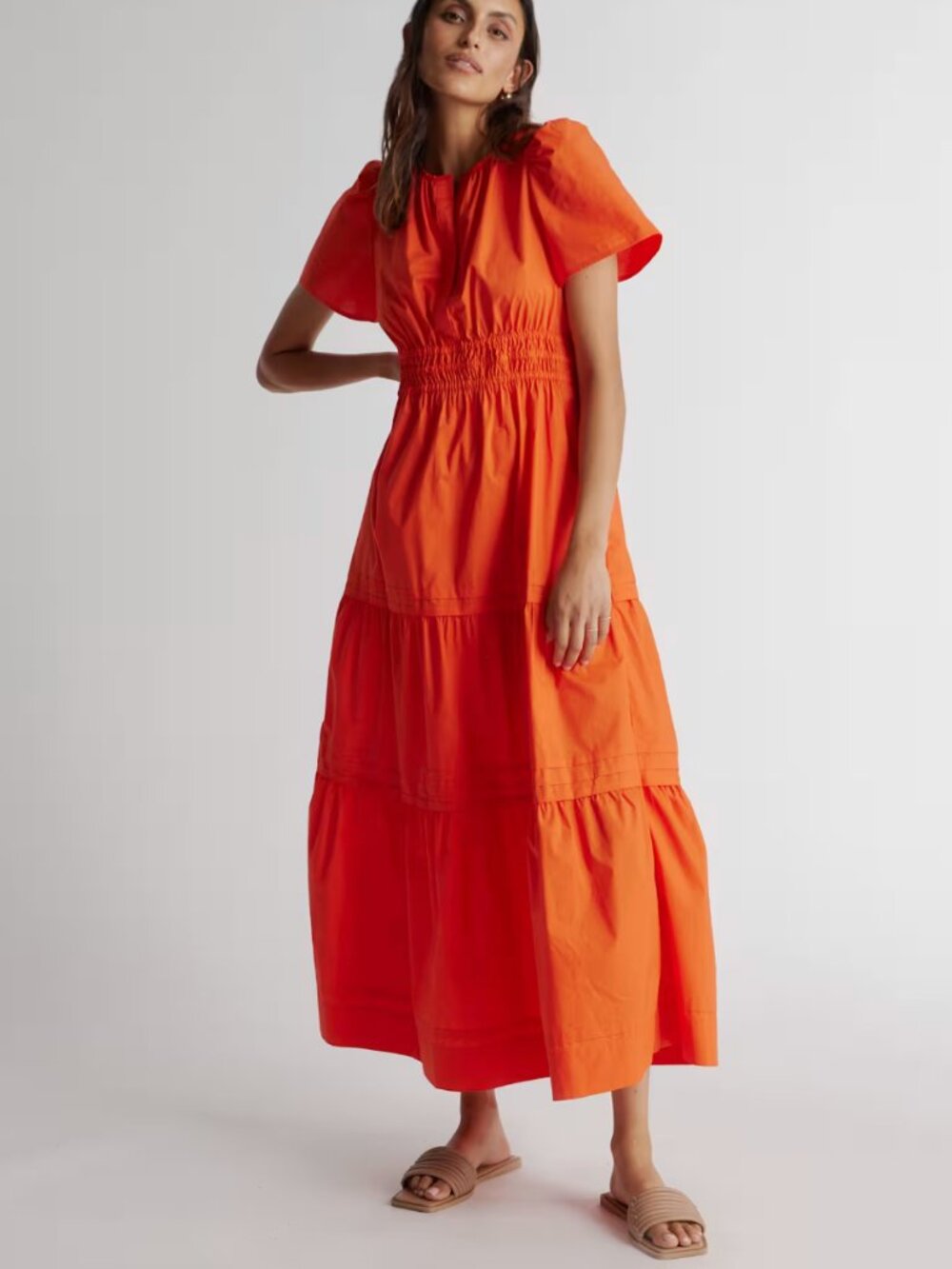 Quince 100% Organic Cotton Tiered Maxi Dress Vermillion Red | Size S